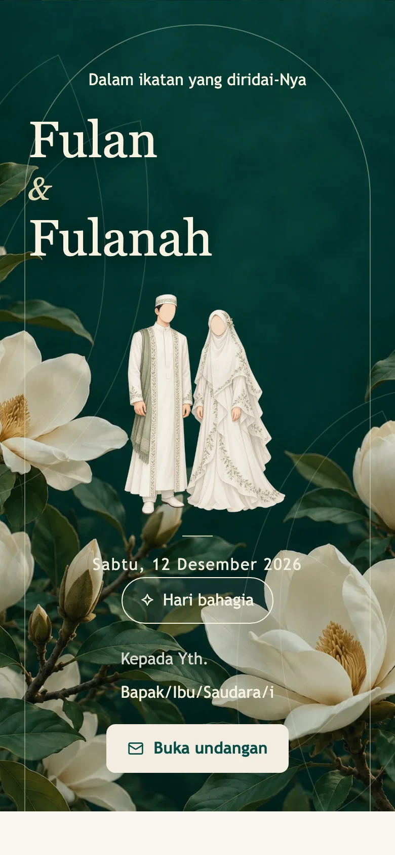 Sampul undangan pernikahan Sakinah dengan ilustrasi pasangan faceless dan nama mempelai Fulan & Fulanah